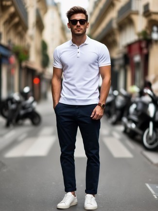 White Polo · Navy Chinos · White Low Top Sneakers · Black Sunglasses · Brown Leather Watch