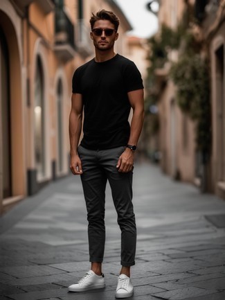 Black Crew-neck T-shirt · Charcoal Chinos · White Leather Low Top Sneakers · Dark Brown Sunglasses · Black Leather Watch