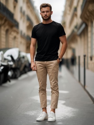 Black Crew-neck T-shirt · Beige Chinos · White Leather Low Top Sneakers