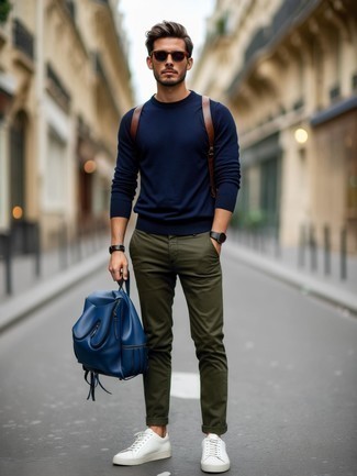 Navy Crew-neck Sweater · Olive Chinos · White Leather Low Top Sneakers · Blue Leather Backpack · Dark Brown Sunglasses · Black Leather Watch