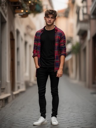 Red and Navy Plaid Long Sleeve Shirt · Black Crew-neck T-shirt · Black Skinny Jeans · White Leather Low Top Sneakers · Black No Show Socks