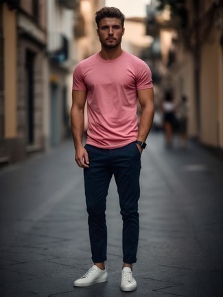 Pink Crew-neck T-shirt · Navy Chinos · White Leather Low Top Sneakers · Black Leather Watch