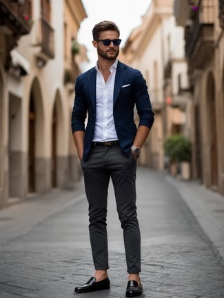 Navy Blazer · White Dress Shirt · Charcoal Dress Pants · Black Leather Loafers · Navy Sunglasses · Silver Watch