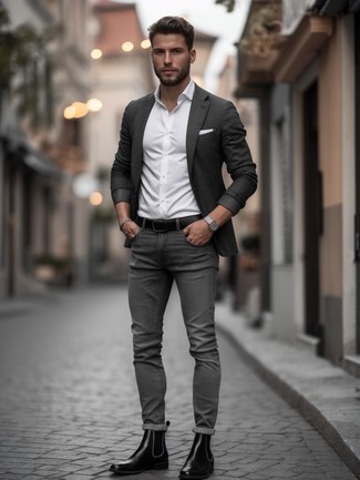 Charcoal Blazer · White Dress Shirt · Grey Jeans · Black Leather Chelsea Boots · Black Leather Belt · Silver Watch