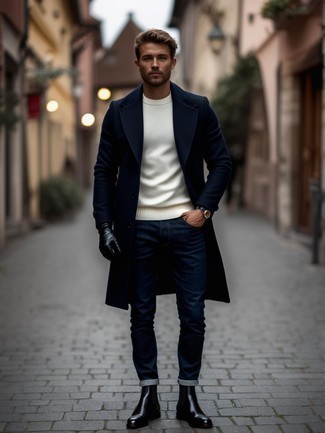 Navy Overcoat · White Crew-neck Sweater · Navy Jeans · Black Leather Chelsea Boots · Black Leather Gloves · Black Leather Watch