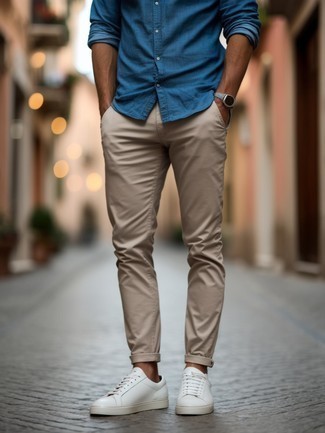 Blue Long Sleeve Shirt · Beige Chinos · White Leather Low Top Sneakers