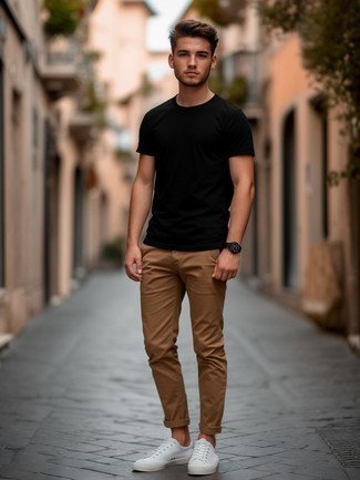 Black Crew-neck T-shirt · Khaki Chinos · White Canvas Low Top Sneakers · Black Leather Watch
