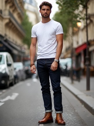 White Crew-neck T-shirt · Navy Jeans · Brown Leather Casual Boots · Silver Watch · Brown Bracelet · White Print Socks