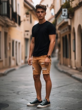 Black Crew-neck T-shirt · Tan Ripped Denim Shorts · Black and White Canvas Low Top Sneakers · Dark Brown Leather Watch
