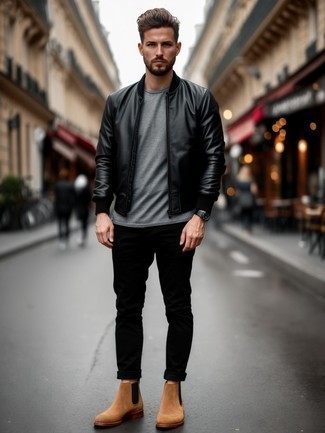 Black Leather Bomber Jacket · Grey Crew-neck T-shirt · Black Chinos · Tan Suede Chelsea Boots · Black Leather Watch