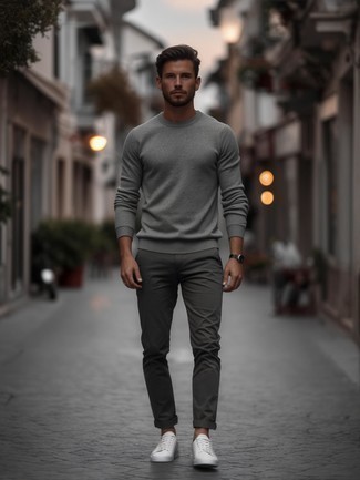 Grey Crew-neck Sweater · Charcoal Chinos · White Leather Low Top Sneakers · Black Socks