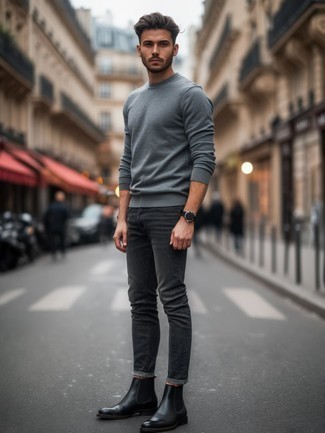 Grey Crew-neck Sweater · Charcoal Jeans · Black Leather Chelsea Boots · Black Leather Watch