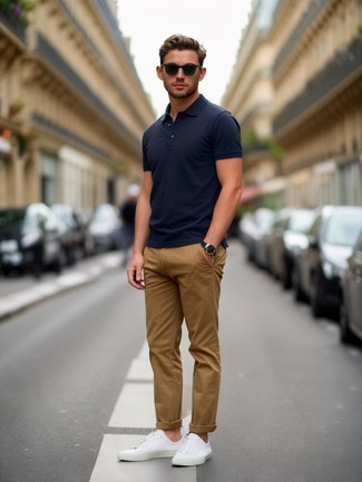 Navy Polo · Khaki Chinos · White Canvas Low Top Sneakers · Dark Green Sunglasses · Charcoal Watch