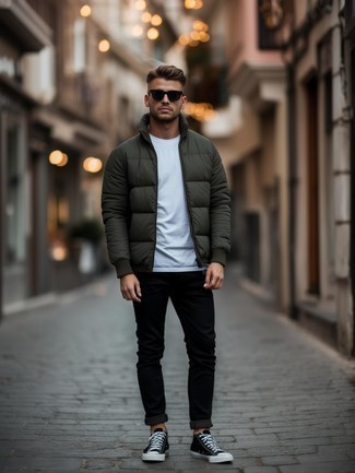 Dark Green Puffer Jacket · White Crew-neck T-shirt · Black Jeans · Black and White Canvas Low Top Sneakers · Black Sunglasses · Black Socks