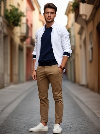 Navy Crew-neck Sweater · White Long Sleeve Shirt · Khaki Chinos · White Canvas Low Top Sneakers · Dark Brown Leather Watch