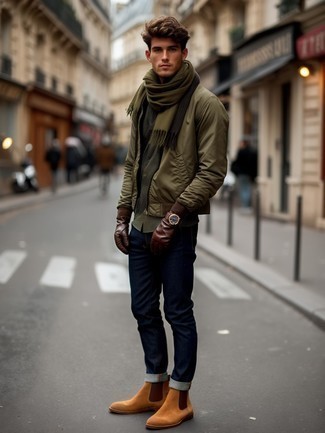 Olive Nylon Shirt Jacket · Navy Jeans · Tan Suede Chelsea Boots · Olive Scarf · Brown Leather Gloves · Dark Brown Leather Watch