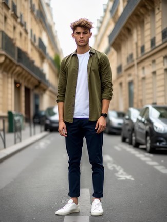 Olive Long Sleeve Shirt · White Crew-neck T-shirt · Navy Chinos · White Canvas Low Top Sneakers · Black Watch