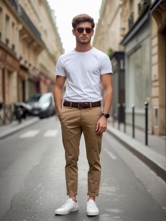 White Crew-neck T-shirt · Khaki Chinos · White Canvas Low Top Sneakers · Dark Brown Woven Leather Belt · Dark Brown Sunglasses · Black Leather Watch
