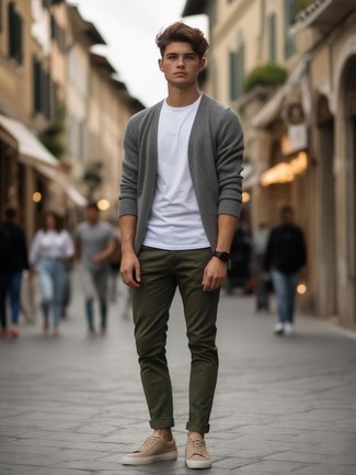 Grey Crew-neck Sweater · White Crew-neck T-shirt · Olive Chinos · Beige Canvas Low Top Sneakers · Black Leather Watch
