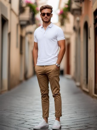 White Polo · Khaki Chinos · White Canvas Low Top Sneakers · Dark Brown Sunglasses · Silver Watch