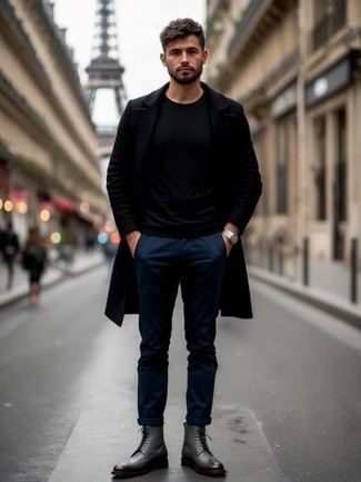 Black Overcoat · Black Crew-neck T-shirt · Navy Chinos · Charcoal Leather Brogue Boots · Silver Watch