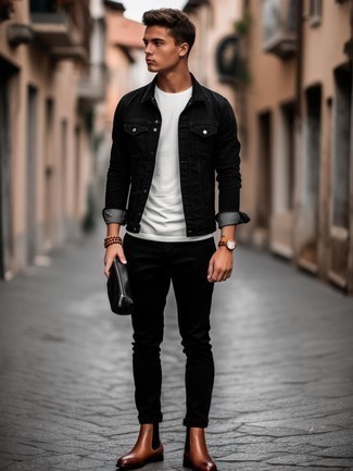 Black Denim Jacket · White Crew-neck T-shirt · Black Chinos · Brown Leather Chelsea Boots · Black Leather Zip Pouch · Tan Leather Watch