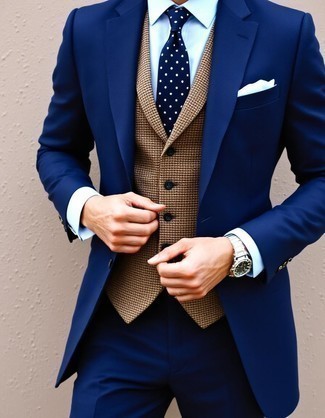 Navy Suit · Brown Houndstooth Wool Waistcoat · Aquamarine Dress Shirt · Navy Polka Dot Tie · Light Blue Pocket Square · Silver Watch