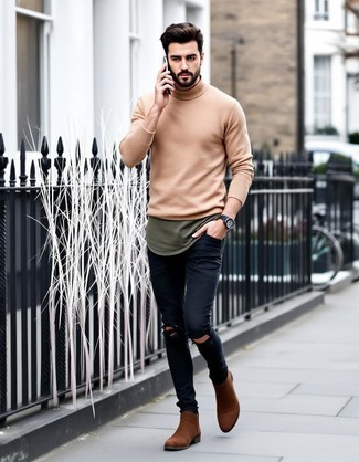 Beige Crew-neck Sweater · Olive Tank · Black Ripped Skinny Jeans · Brown Suede Chelsea Boots · Dark Brown Leather Watch · Dark Brown Bracelet