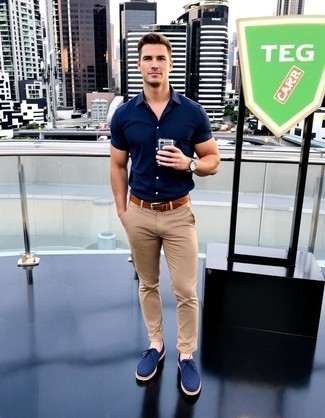 Navy Short Sleeve Shirt · Khaki Chinos · Navy Suede Derby Shoes · Brown Leather Belt · Silver Watch