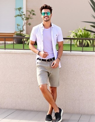 White Short Sleeve Shirt · White Crew-neck T-shirt · Tan Shorts · Black Canvas Low Top Sneakers · Black Leather Belt · Grey Sunglasses