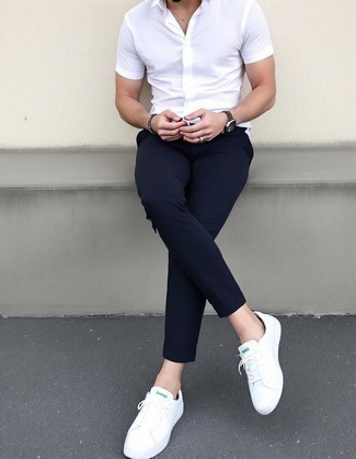 White Short Sleeve Shirt · Black Chinos · White Leather Low Top Sneakers · Charcoal Watch