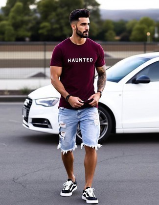 Burgundy Print Crew-neck T-shirt · Light Blue Ripped Denim Shorts · Black Low Top Sneakers · Burgundy Baseball Cap · Black Rubber Watch · Dark Brown Bracelet