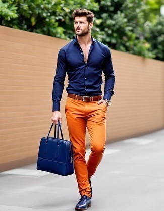 Navy Dress Shirt · Orange Chinos · Navy Leather Oxford Shoes · Navy Leather Briefcase · Dark Brown Leather Belt · Brown Leather Watch