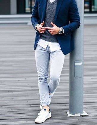 Navy Wool Blazer · Grey Cable Sweater · White Dress Shirt · Grey Skinny Jeans · White Leather Low Top Sneakers · Black Leather Watch