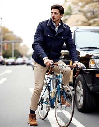 Navy Field Jacket · Grey Zip Neck Sweater · White Dress Shirt · Khaki Chinos · Tobacco Suede Desert Boots · Gold Watch
