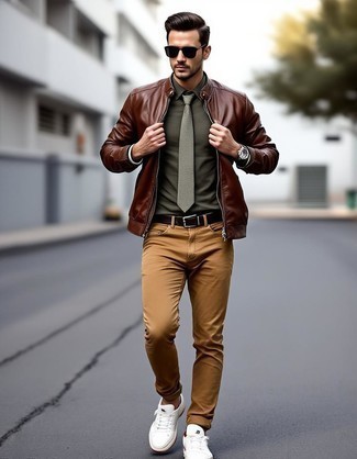 Brown Leather Bomber Jacket · Olive Dress Shirt · Khaki Corduroy Jeans · White Low Top Sneakers · Olive Tie · Dark Brown Leather Belt