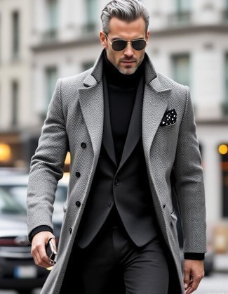 Grey Herringbone Overcoat · Black Wool Blazer · Black Turtleneck · Black Wool Dress Pants · Black and White Polka Dot Pocket Square · Black Sunglasses