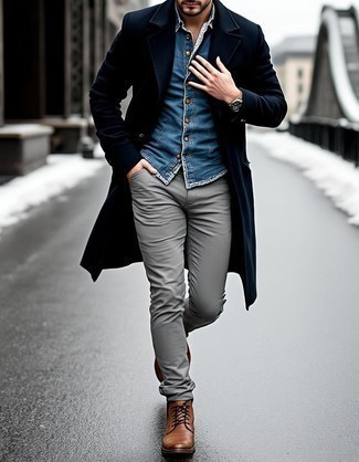 Black Overcoat · Blue Denim Jacket · Grey Chinos · Brown Leather Brogue Boots · Silver Watch
