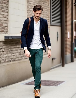 Navy Wool Blazer · White Long Sleeve Henley Shirt · Dark Green Chinos · Brown Leather Derby Shoes · Brown Leather Messenger Bag · Brown Leather Watch