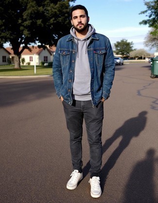 Blue Denim Jacket · Grey Hoodie · Charcoal Chinos · Beige High Top Sneakers