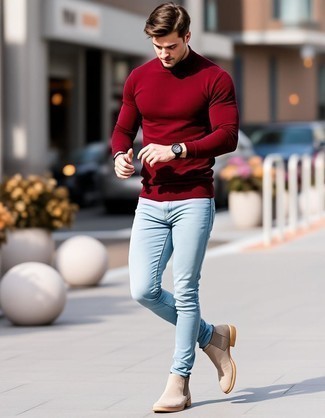 Burgundy Turtleneck · Light Blue Skinny Jeans · Beige Suede Chelsea Boots · Black Watch · Dark Brown Bracelet