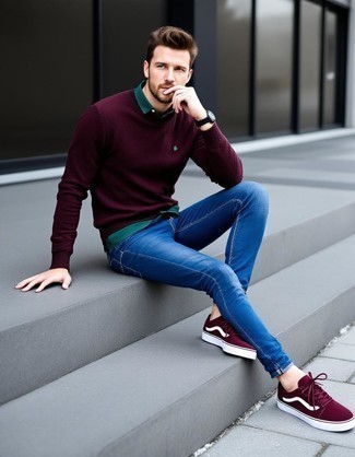 Burgundy Crew-neck Sweater · Dark Green Long Sleeve Shirt · Blue Skinny Jeans · Burgundy Suede Low Top Sneakers · Black Leather Watch