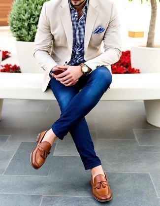 Beige Blazer · Navy and White Gingham Dress Shirt · Blue Skinny Jeans · Brown Leather Tassel Loafers · Navy Print Pocket Square · Brown Leather Watch