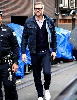Navy Denim Jacket · Black Cardigan · Light Violet Long Sleeve Shirt · White Henley Shirt · Black Dress Pants · White Canvas High Top Sneakers