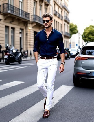 Navy Dress Shirt · White Chinos · Dark Brown Leather Tassel Loafers · Dark Brown Woven Leather Belt · Dark Brown Sunglasses · Dark Brown Leather Watch