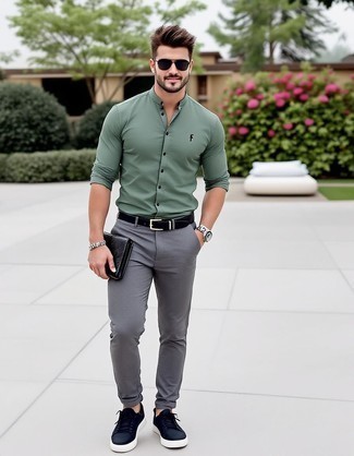 Olive Long Sleeve Shirt · Grey Wool Chinos · Black Leather Low Top Sneakers · Black Leather Belt · Dark Brown Sunglasses · Silver Watch