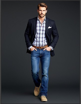 Black Blazer · White and Navy Plaid Dress Shirt · Blue Jeans · Olive Suede Low Top Sneakers · White Pocket Square · Brown Leather Belt