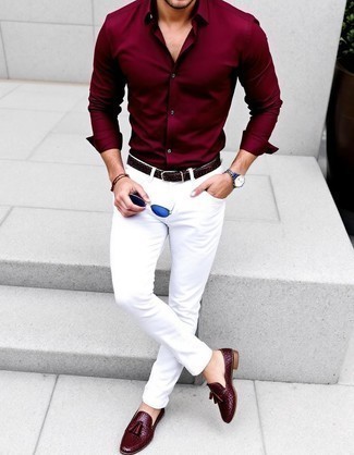 Burgundy Dress Shirt · White Skinny Jeans · Burgundy Leather Tassel Loafers · Dark Brown Woven Leather Belt · Light Blue Sunglasses · Navy Leather Watch