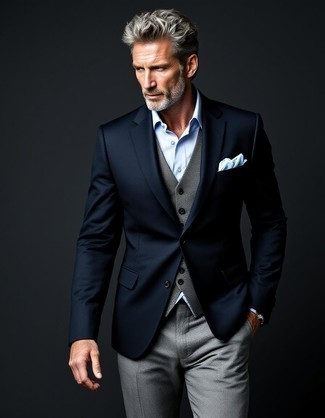 Navy Blazer · Grey Wool Waistcoat · Light Blue Dress Shirt · Grey Wool Dress Pants · Light Blue Print Pocket Square