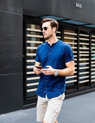 Navy Short Sleeve Shirt · Beige Shorts · Dark Brown Sunglasses · Grey Canvas Watch
